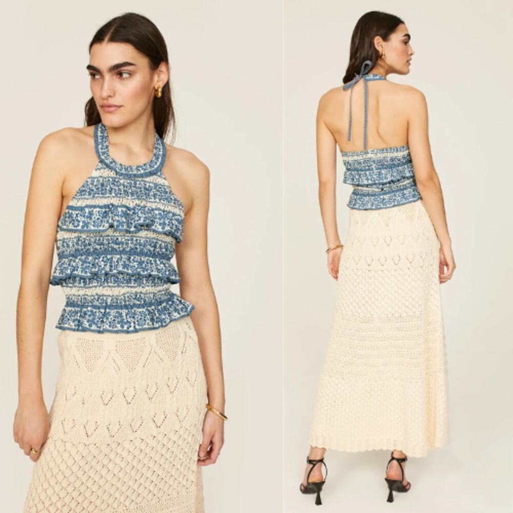 NWT Sea New York Arlo Ruffle Lace Halter Sleeveless Printed Blouse Top Blue